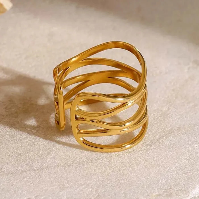 Adjustable Stainless Steel Gold Geometric Irregular Line Mood Tracking Ring for Women