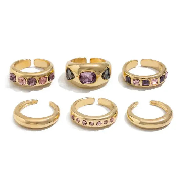 6Pcs Adjustable Purple Zircon Geometric Rings for Women Vintage Style