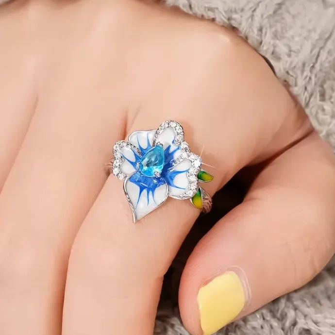 Elegant Blue Flower Plant Motif Cubic Zirconia Brass Ring for Women Party Jewelry
