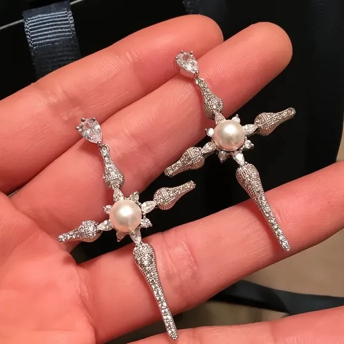 Luxury Cross Pendant Drop Earrings with Cubic Zirconia & Simulated Pearl Brass