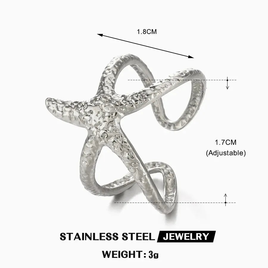 Gold Starfish Stainless Steel Open Ring Vintage Waterproof Jewelry Gift Women