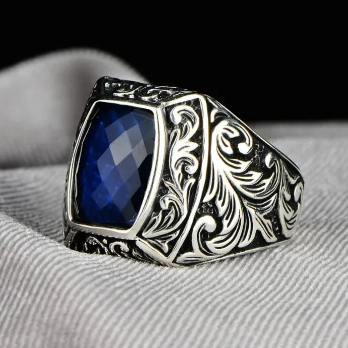 Vintage Punk Geometric Blue Zinc Alloy Men's Ring Luxury Anniversary Wedding Jewelry