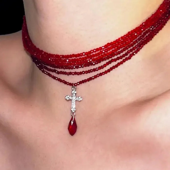 Punk Gothic Red Rhinestone Cross Crystal Pendant Choker Necklace Women