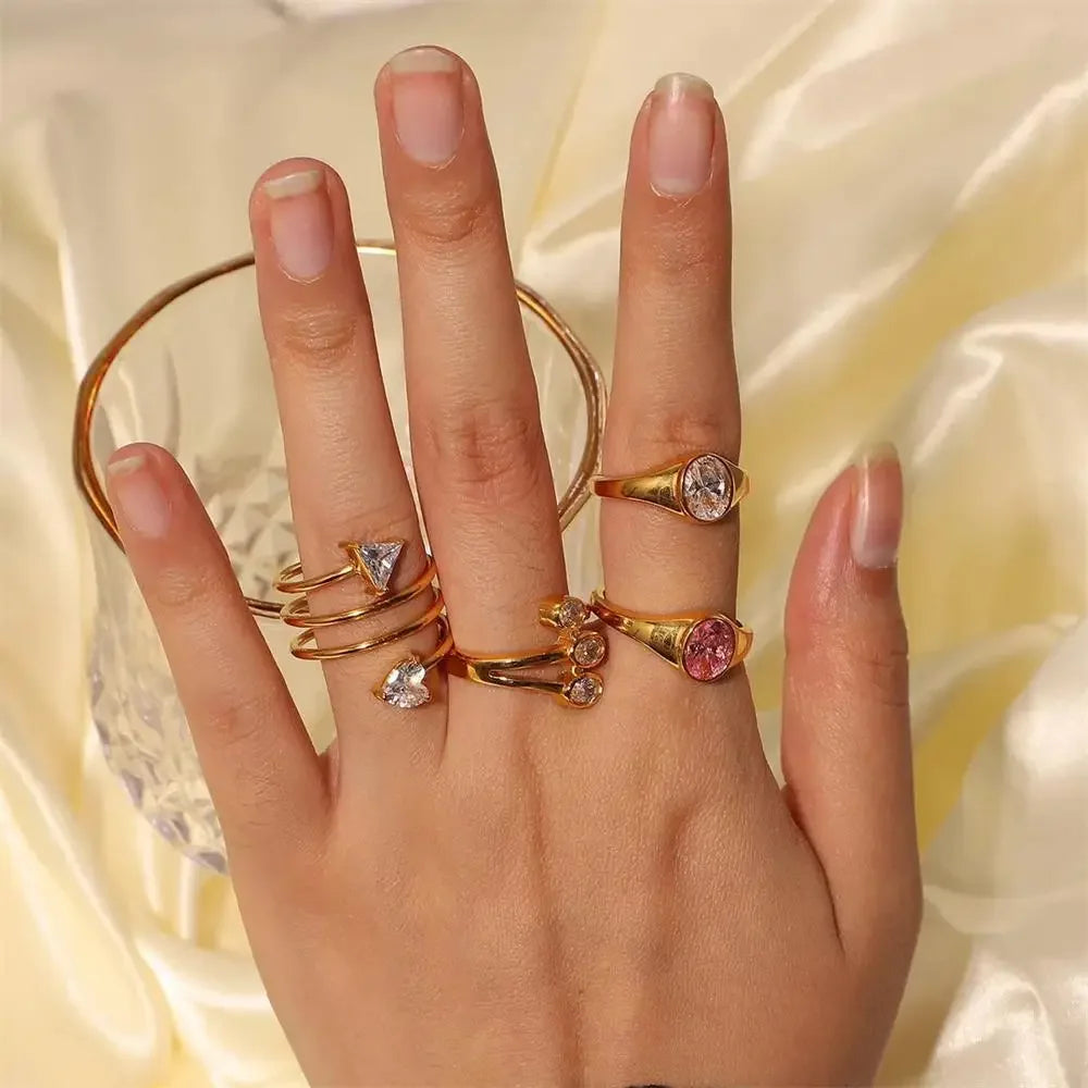 18K Gold Plated Three Layer Metal Zircon Wedding Ring for Women Oval Crystal