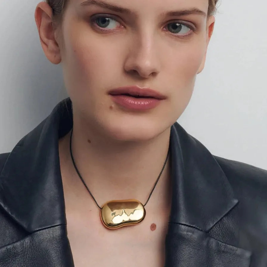 Y2K Black Waxed Cord Chunky Geometric Stainless Steel Pendant Necklace Women