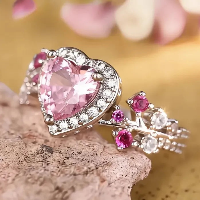 Heart Pink Cubic Zirconia Silver Wedding Ring for Women Engagement