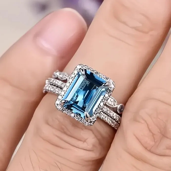 3Pcs Blue Cubic Zirconia Rings Set for Women Luxury Anniversary Jewelry
