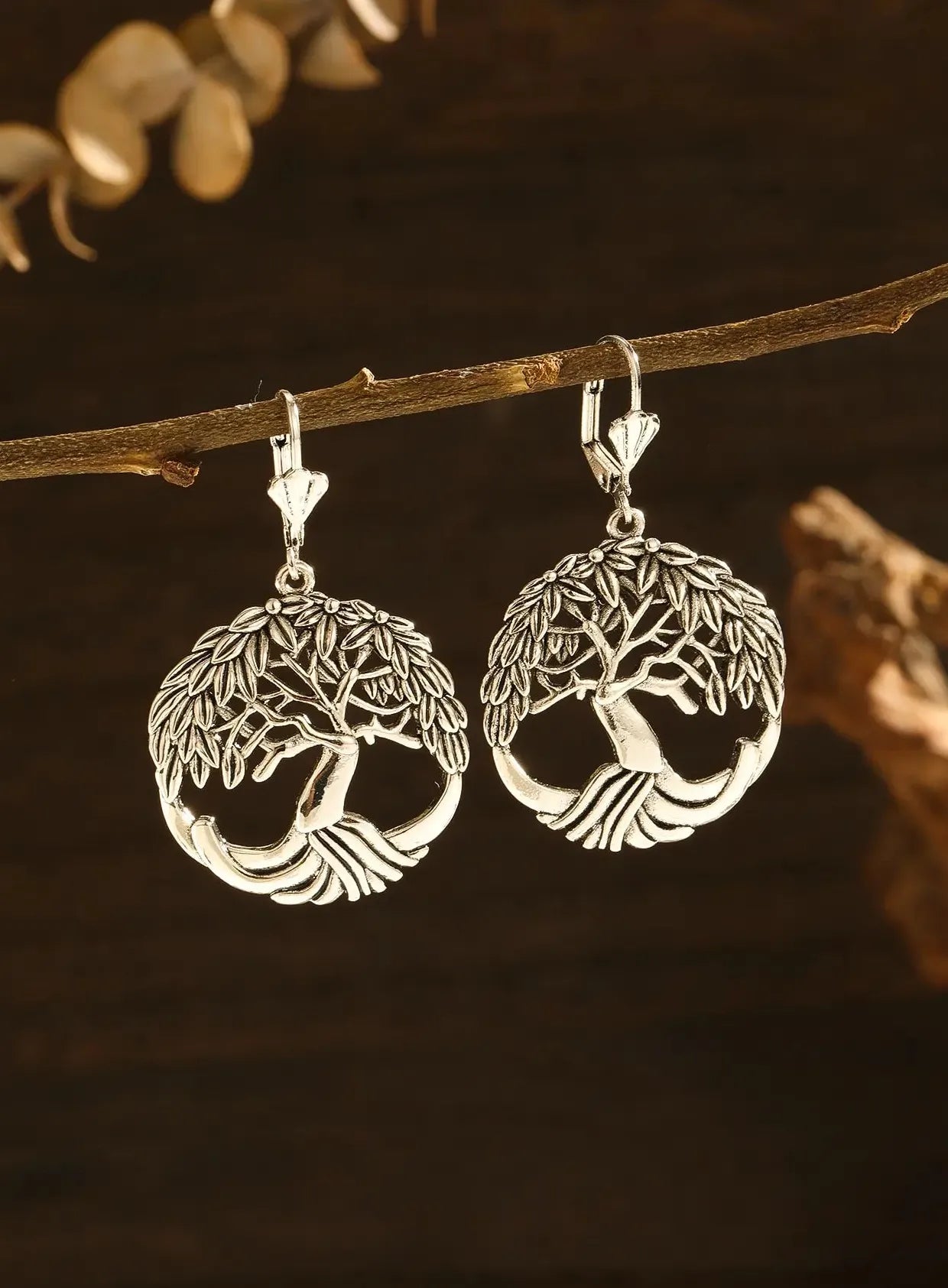 Silver Retro Round Tree Pendant Necklace and Earrings Set for Women Jewelry Gift