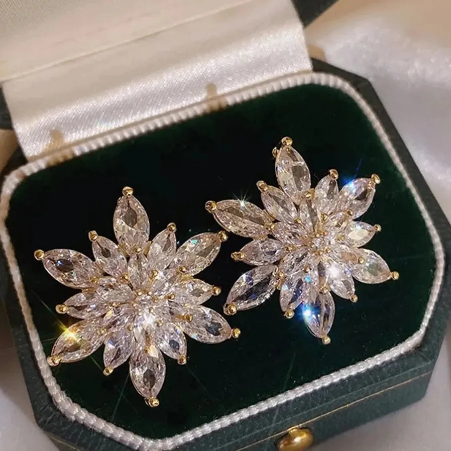 Luxury Crystal Flower Neo-Gothic Stud Earrings Stainless Steel Women Jewelry Gift