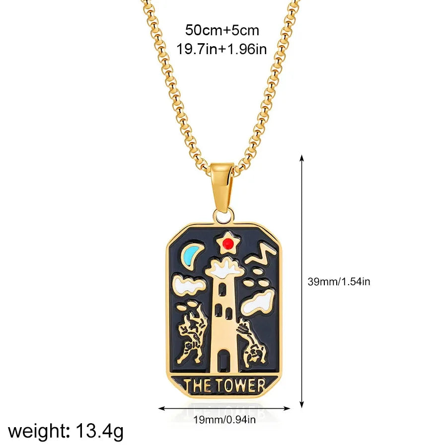 Vintage Gold Plated Stainless Steel Tarot Card Pendant Necklace for Women Punk
