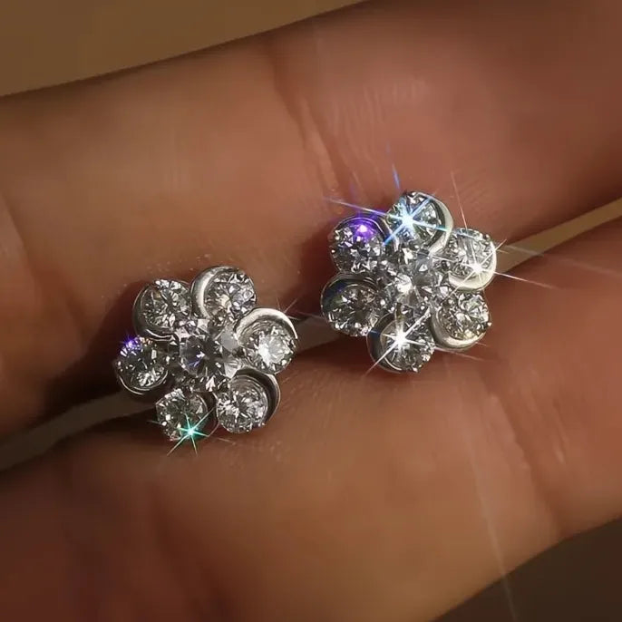 Flower-Shaped Geometric Stud Earrings with Cubic Zirconia in Copper Alloy