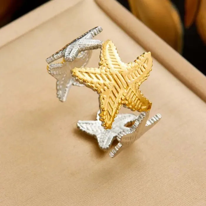 Adjustable Stainless Steel Gold Starfish Ring for Women Fashion Jewelry Gift