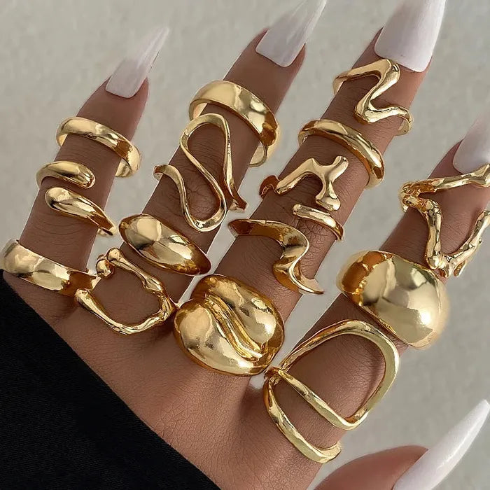 15Pcs Metal Lava Irregular Open Rings Set for Women Gothic Party Jewelry
