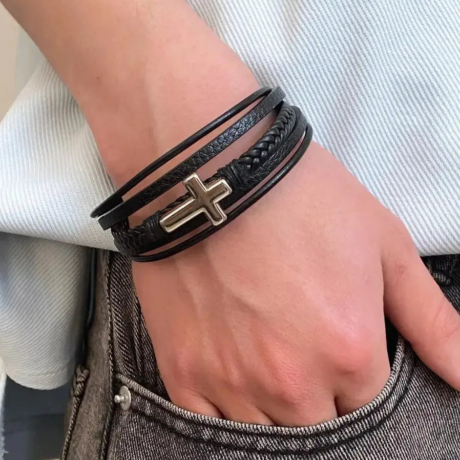 Hip Hop Punk Cross Double-Layer Handmade Woven Leather Adjustable Bracelet Men Women