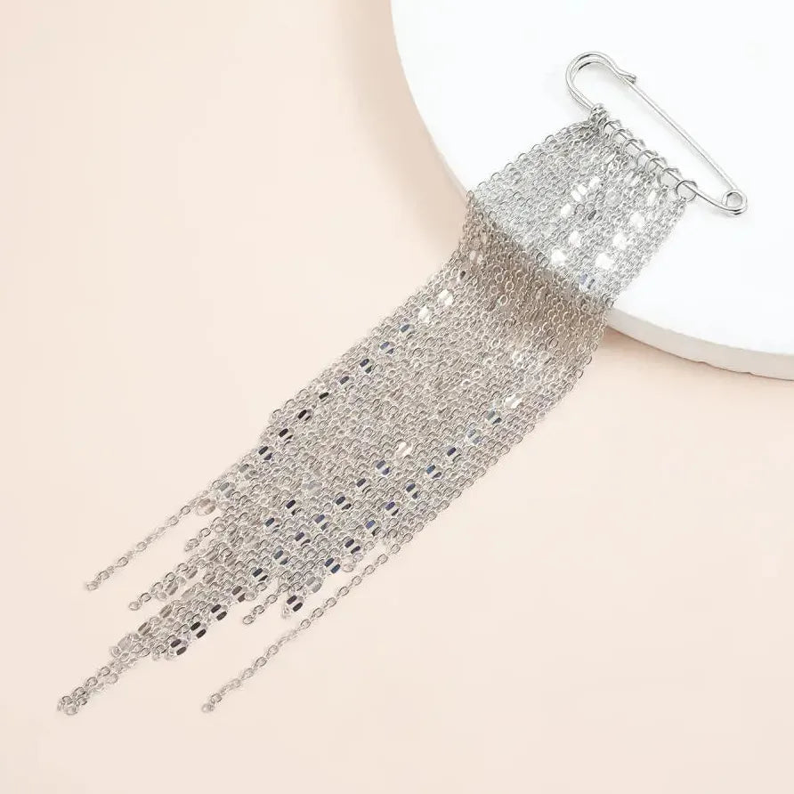 Silver Long Tassel Zinc Alloy Punk Style Brooch Pin for Women