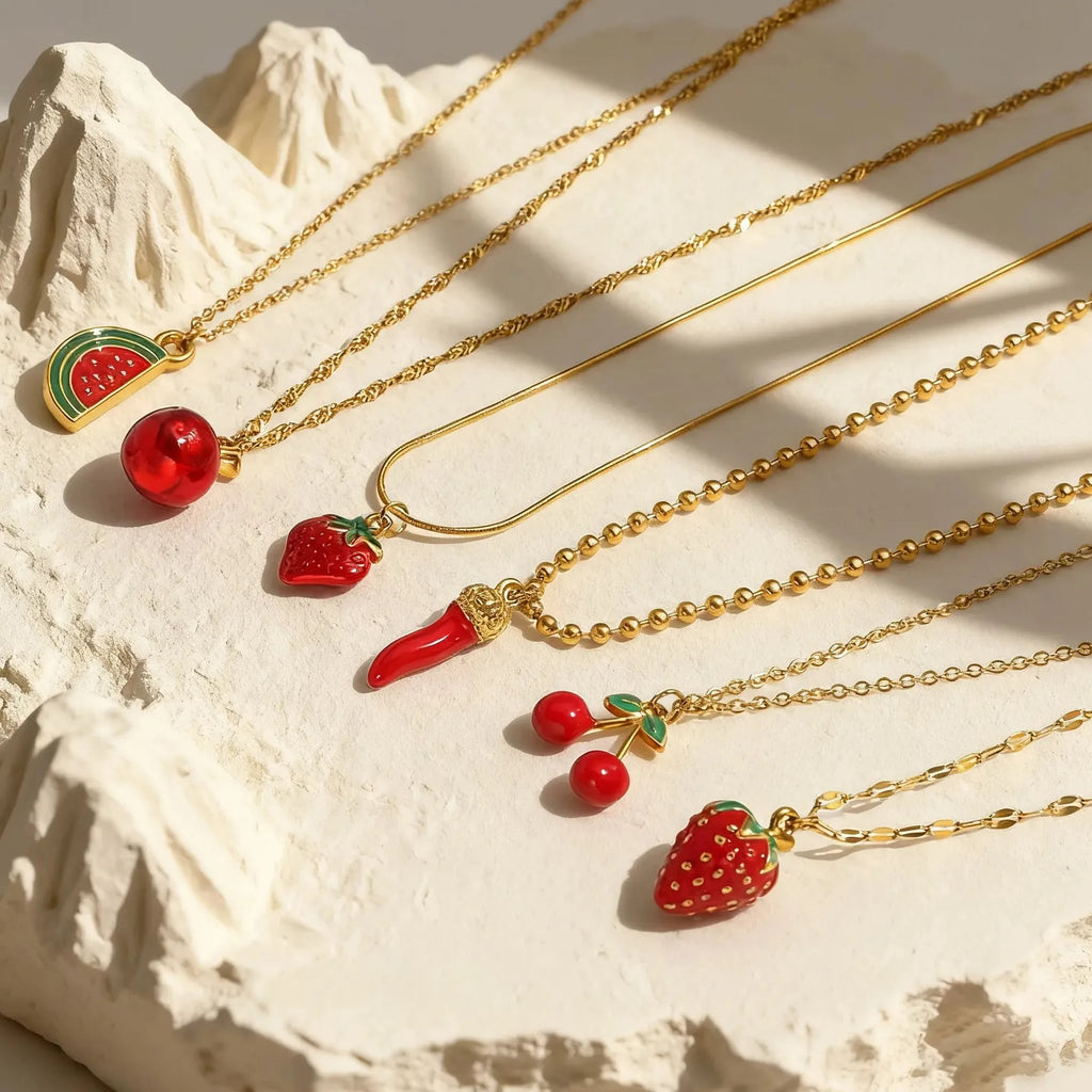 18k Gold Plated Stainless Steel Fruit Pendant Necklace Red Pepper Cherry Choker Necklace