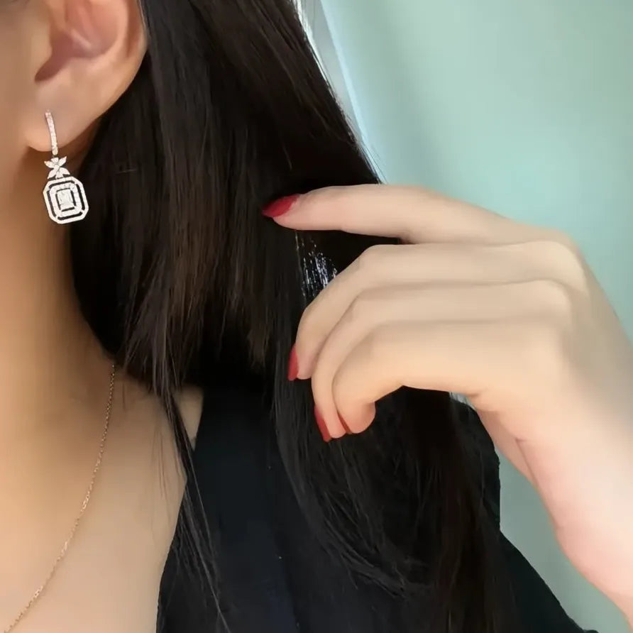 Geometric Silver Flower Cubic Zirconia Dangle Earrings for Women Gift