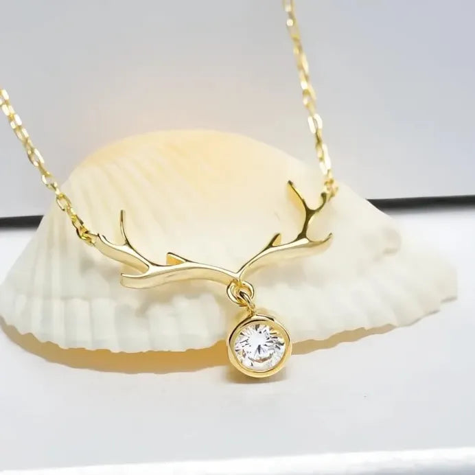 Elk Antler Pendant Necklace for Women with Cubic Zirconia Jewelry
