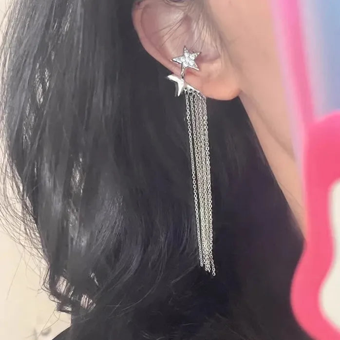 Y2K Rhinestone Star Clip Earrings Long Tassel Non-Piercing Jewelry Accessory