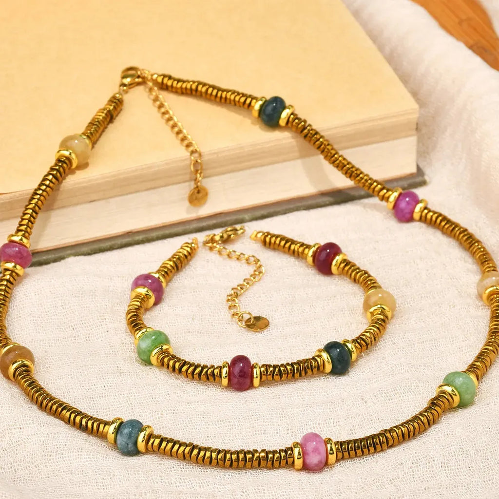 Boho Handmade Bead Stained Glass 18K Gold Plated Stainless Steel Choker Necklace Women