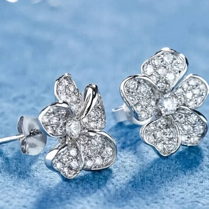 Silver Cubic Zirconia Geometric Flower Stud Earrings for Women