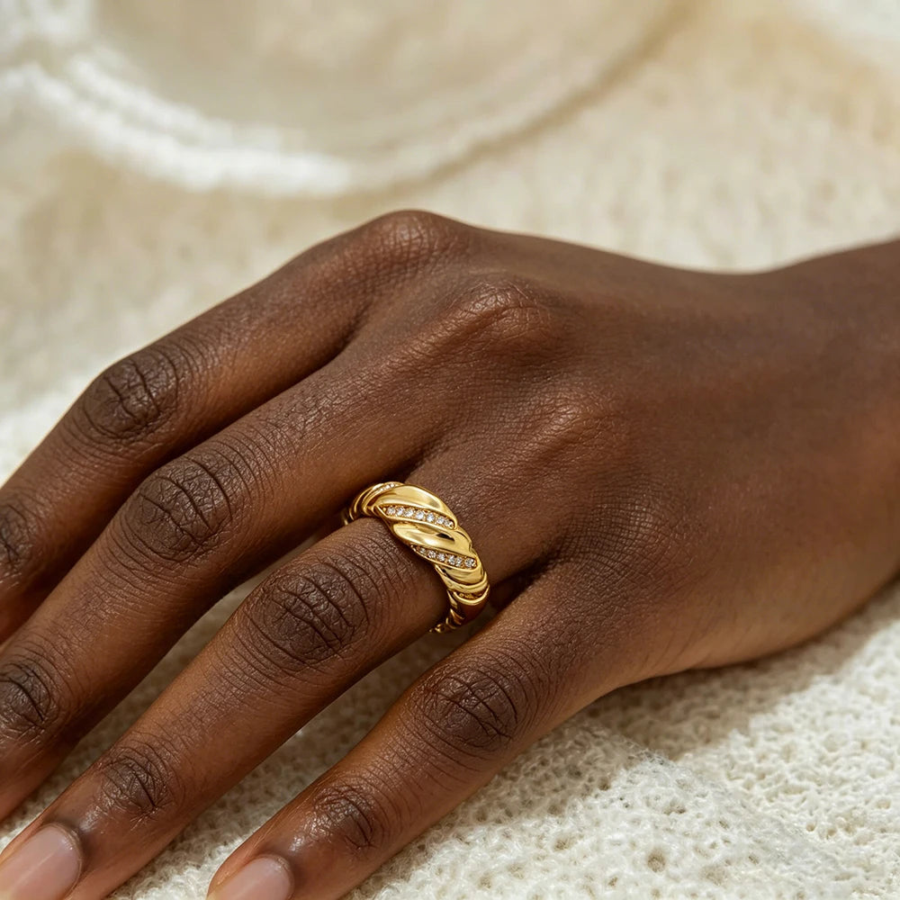 18K Gold Plated Chunky Dome Wedding Ring for Women Stainless Steel CZ Zirconia