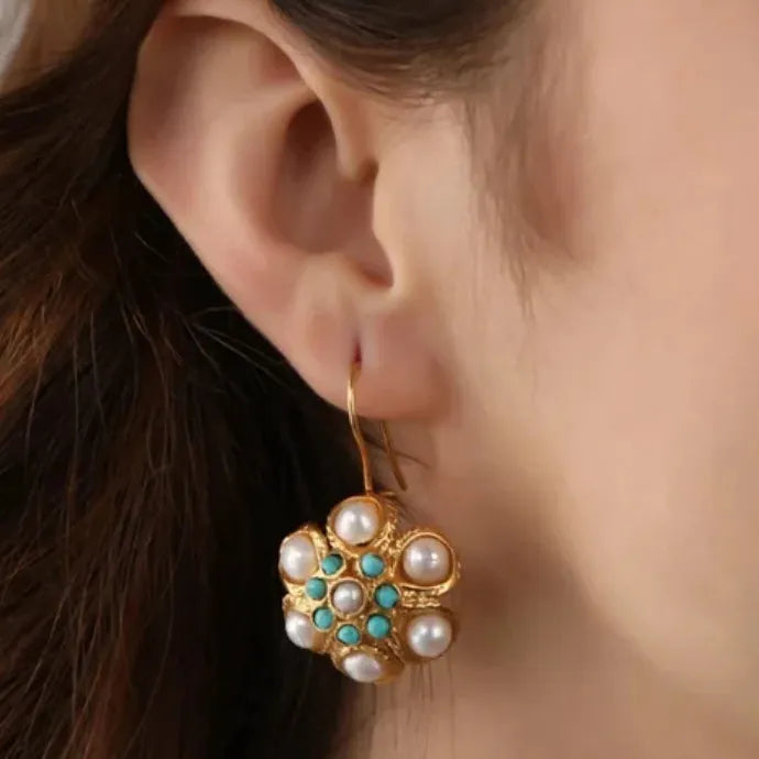Vintage Ethnic Style Imitation Pearl Drop Earrings Handmade Gold Color Jewelry Gift