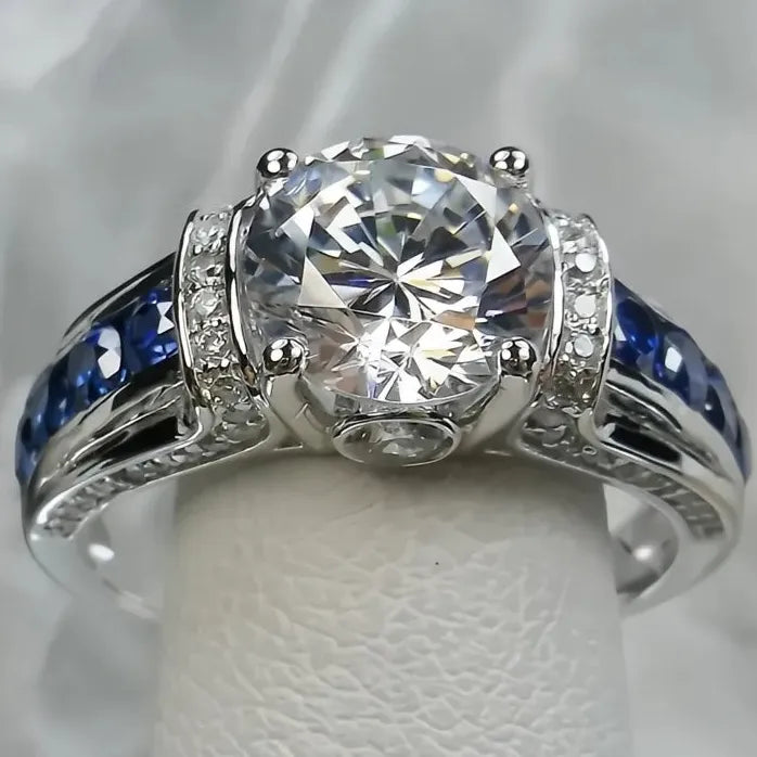 Elegant Brass Blue White CZ Geometric Wedding Band Ring for Women Gift