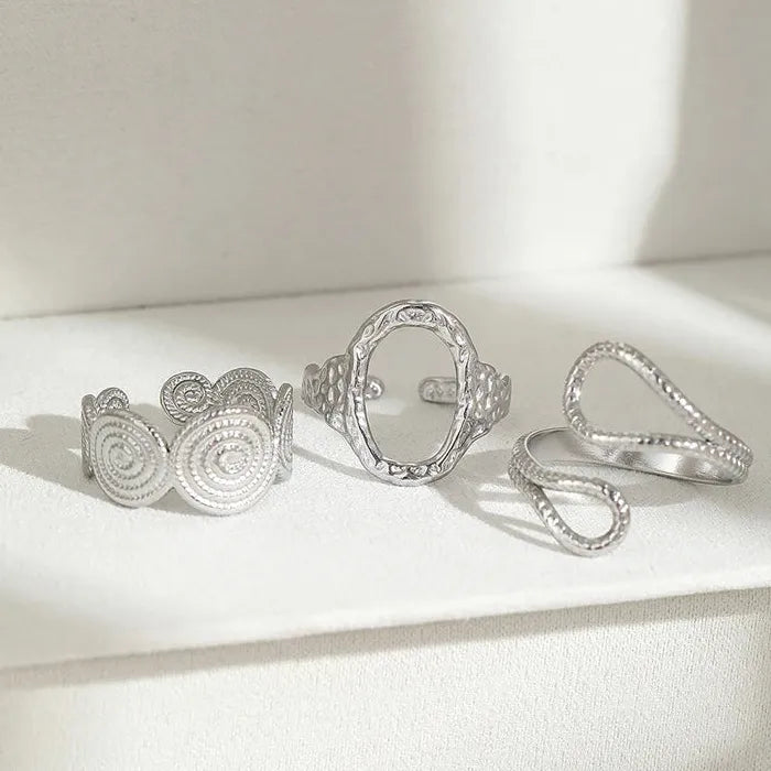 Stainless Steel Geometric Threaded Hip-Hop Ring Set for Women Jewelry Accessory
