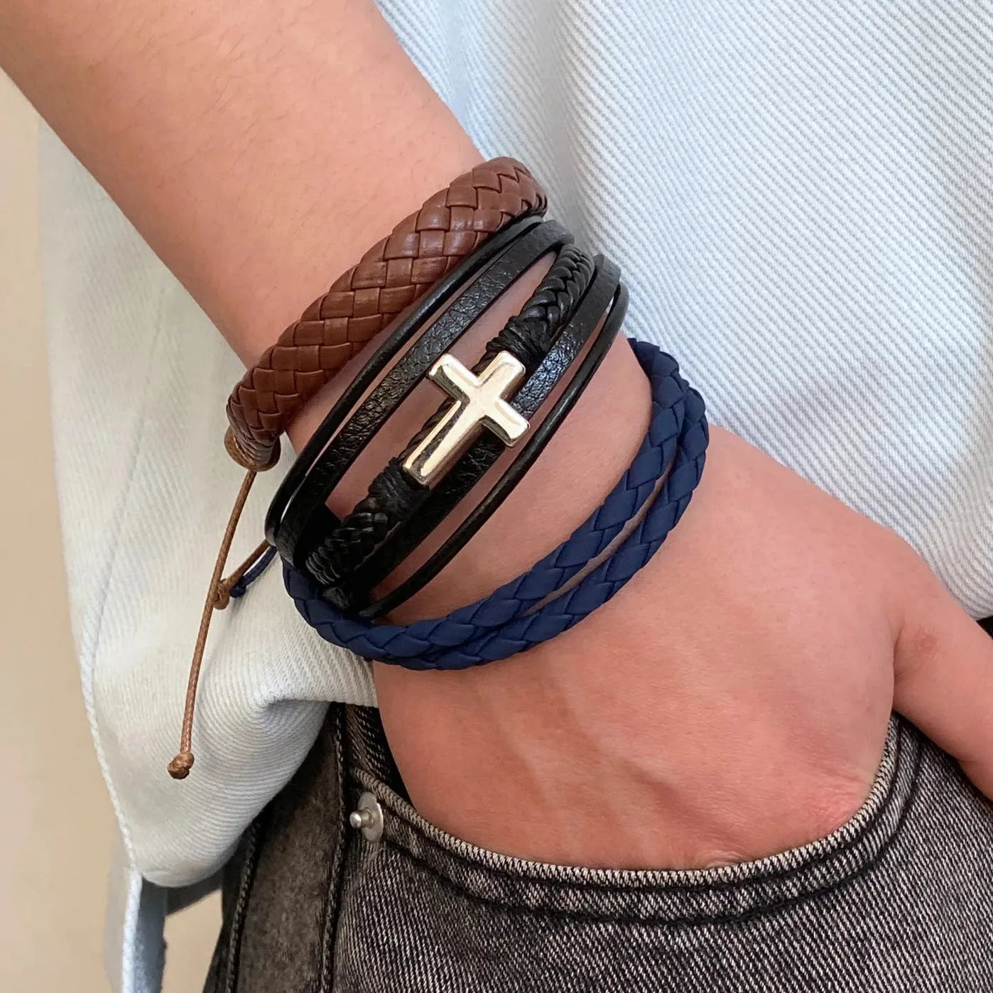 Hip Hop Punk Cross Double-Layer Handmade Woven Leather Adjustable Bracelet Men Women