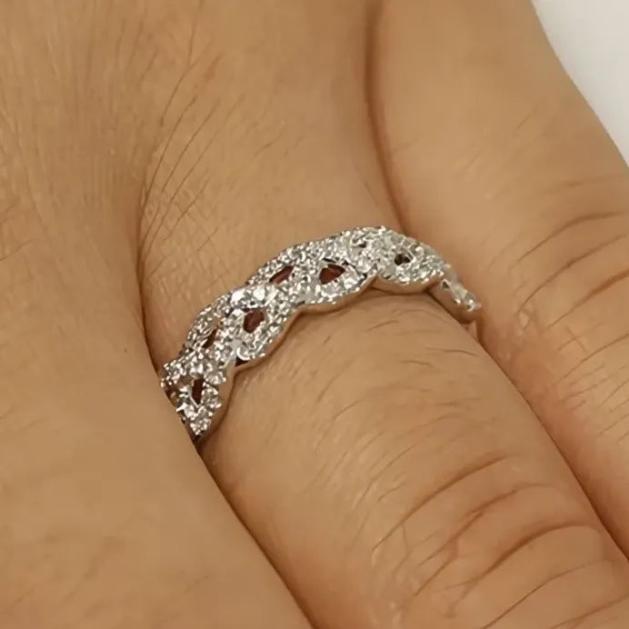 Geometric Cubic Zirconia Silver Twist Bridal Wedding Ring Elegant Band