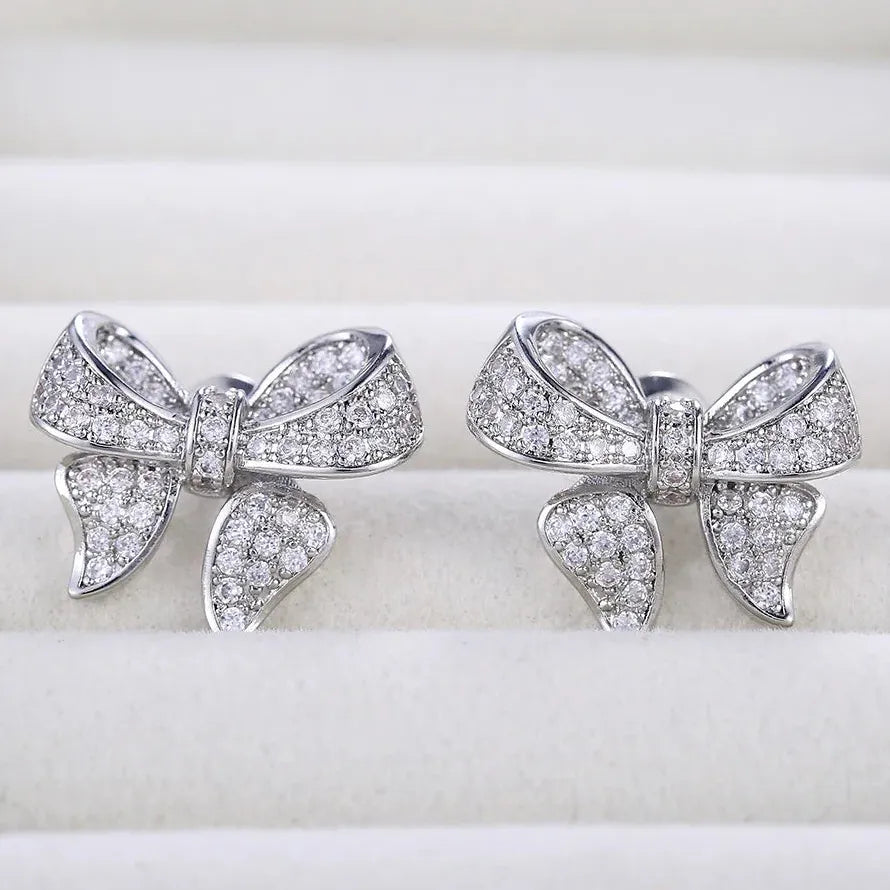 Romantic Bowknot Women Stud Earrings Crystal Zircon Glass Stone Jewelry