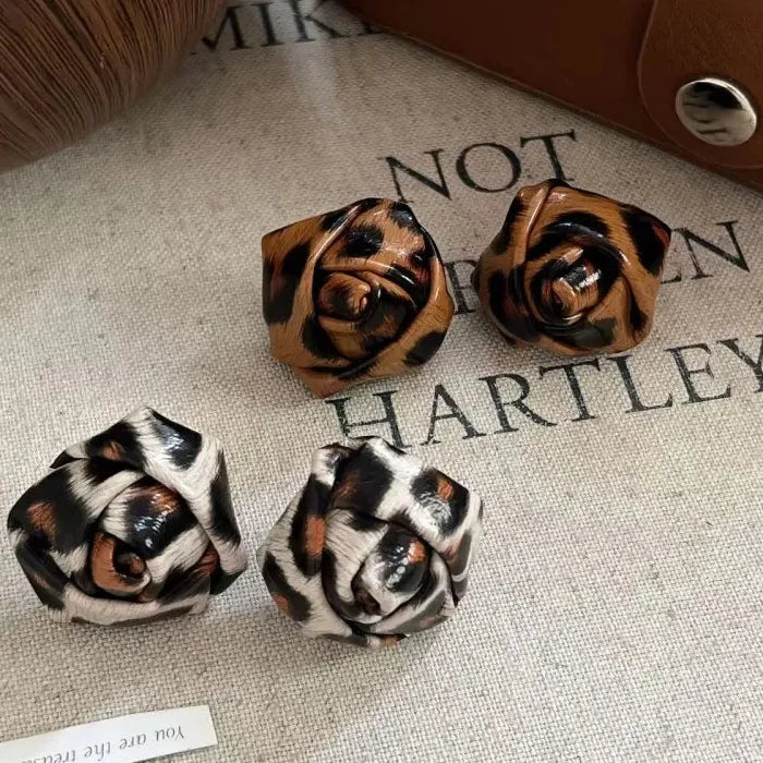 Leopard Print Leather Flower Stud Earrings Retro Geometric Gift Women