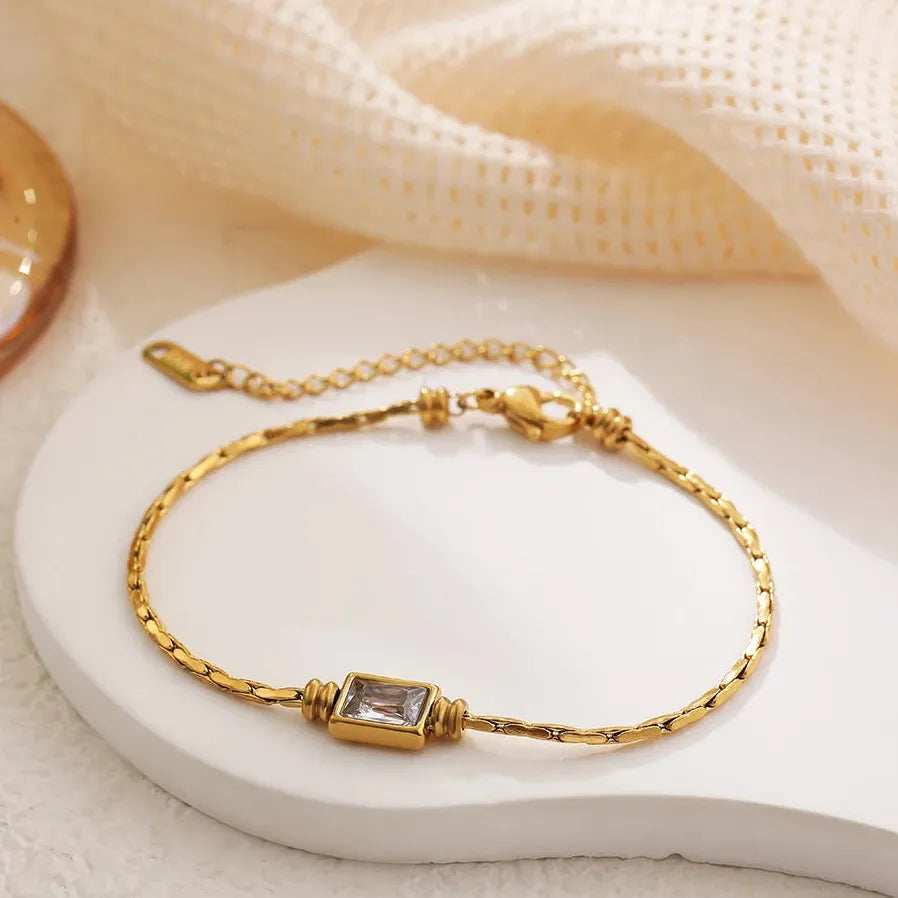 Adjustable Gold Plated Stainless Steel Snake Chain Square Crystal Zirconia Bracelet Women