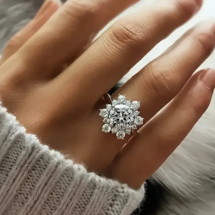 Sunflower CZ Iced Out Silver Wedding Band Ring for Women Bridal Jewelry