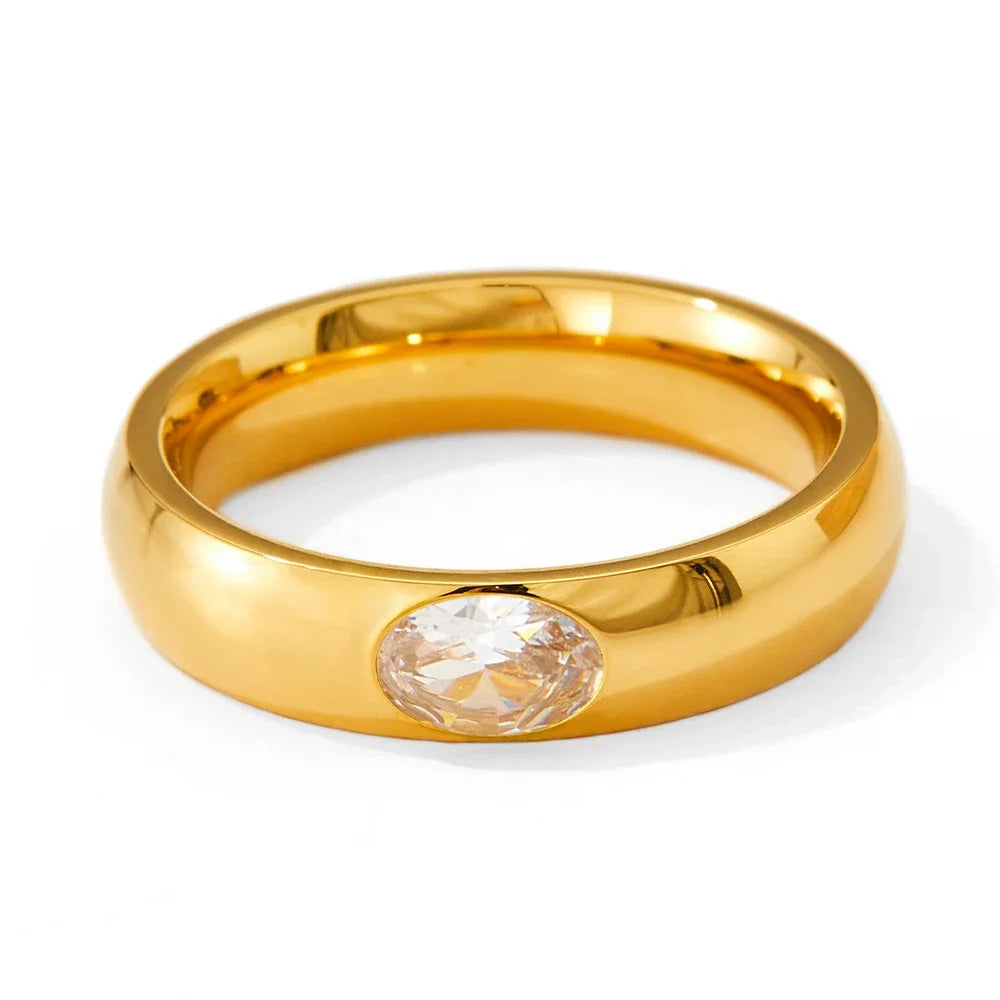 18K Gold Plated Stainless Steel Oval Zircon Crystal Wedding Ring for Women