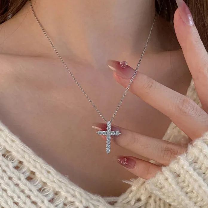 Stainless Steel Cross Pendant Necklace with Crystal Zircon for Women Men
