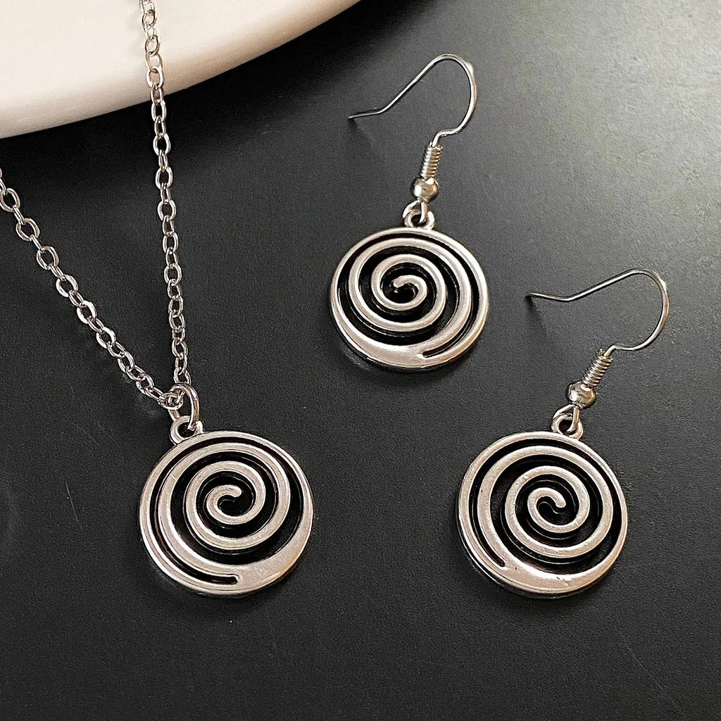 Vintage Spiral Vortex Pentagram Necklace & Earrings Zinc Alloy Boho Y2K Jewelry