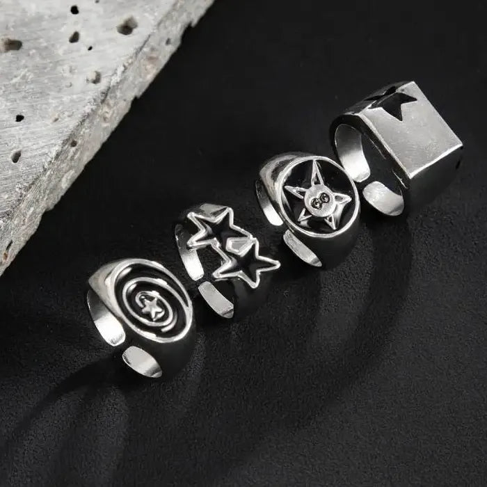 4Pcs Men’s Black Star Wide Hip Hop Geometric Rings Set Adjustable