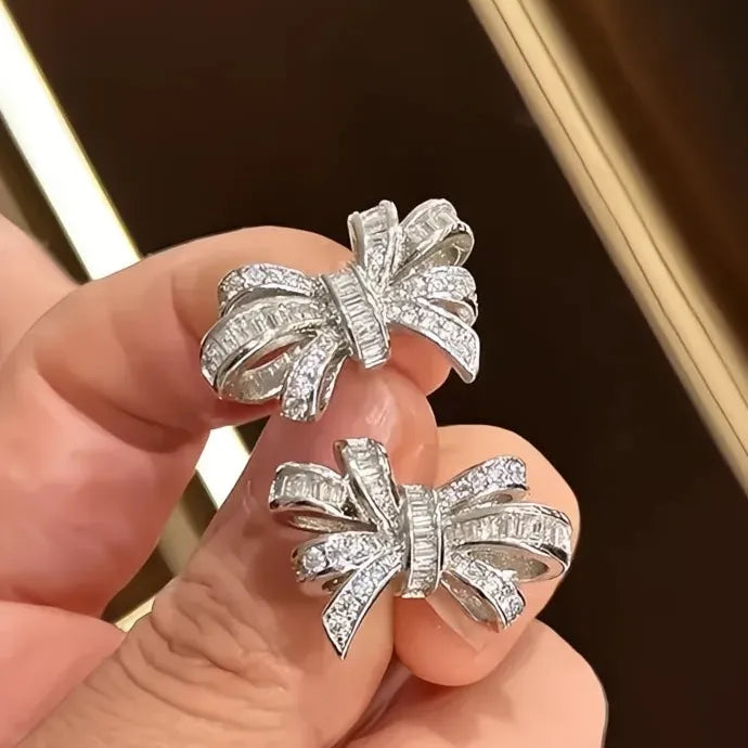 Bowknot Women Stud Earrings Copper CZ Shining Party Engagement Jewelry