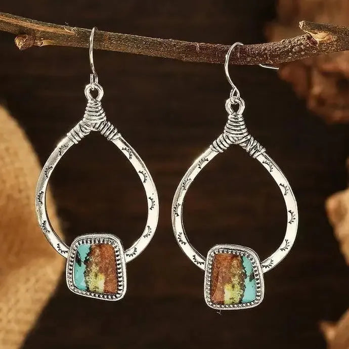 Vintage Bohemian Silver Elliptical Drop Earrings for Women Zinc Alloy Jewelry Gift