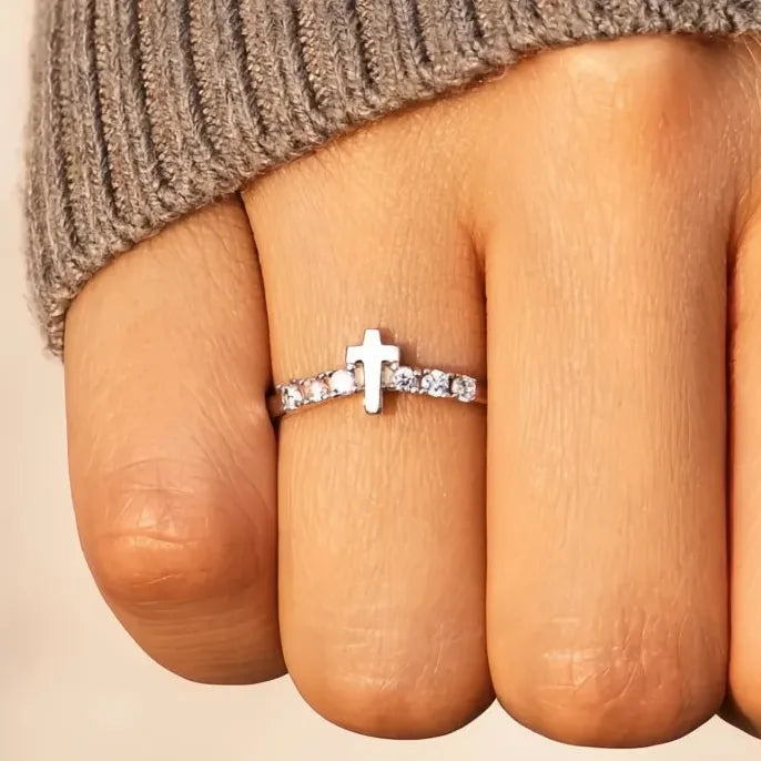 Brass Cross Ring with Cubic Zirconia Wedding Band Gift for Women