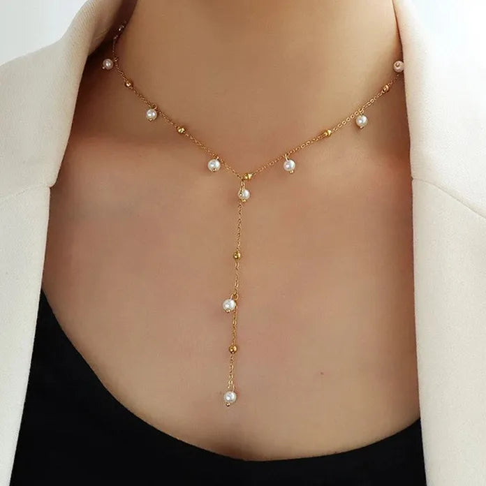 Light Luxury Silver Pearl Necklace Women Water Drop Pendant Extra-Long Chain Gift