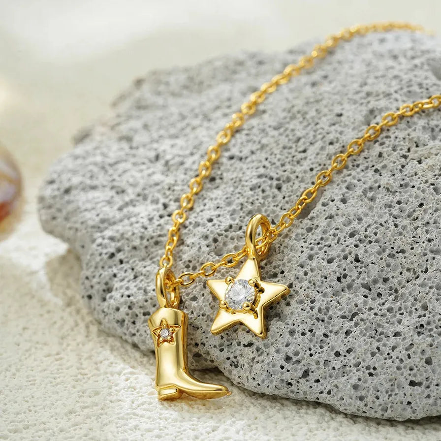 Vintage Cowgirl Zircon Star Pendant Necklace 18K Gold Plated Stainless Steel Choker Jewelry