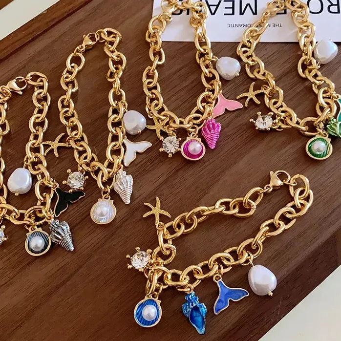 Drop Oil Fish Tail Conch Pearl Copper Alloy Chain Bracelet for Men & Women