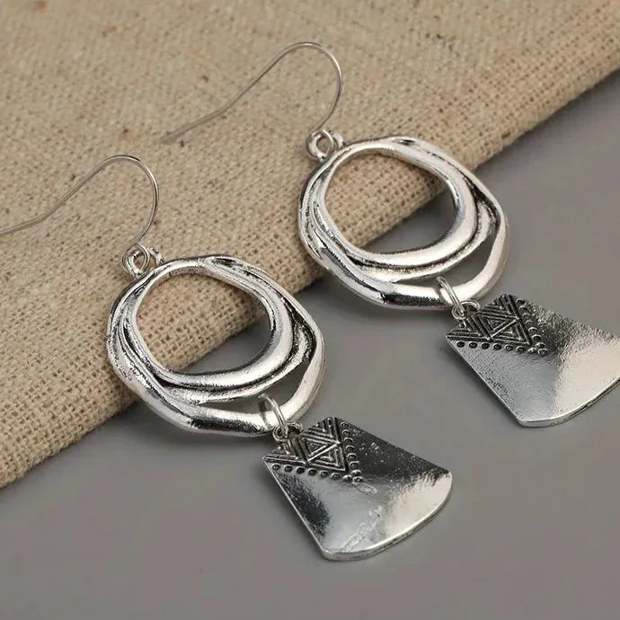 Bohemian Silver Plated Geometric Hollow Circle Dangle Earrings Zinc Alloy