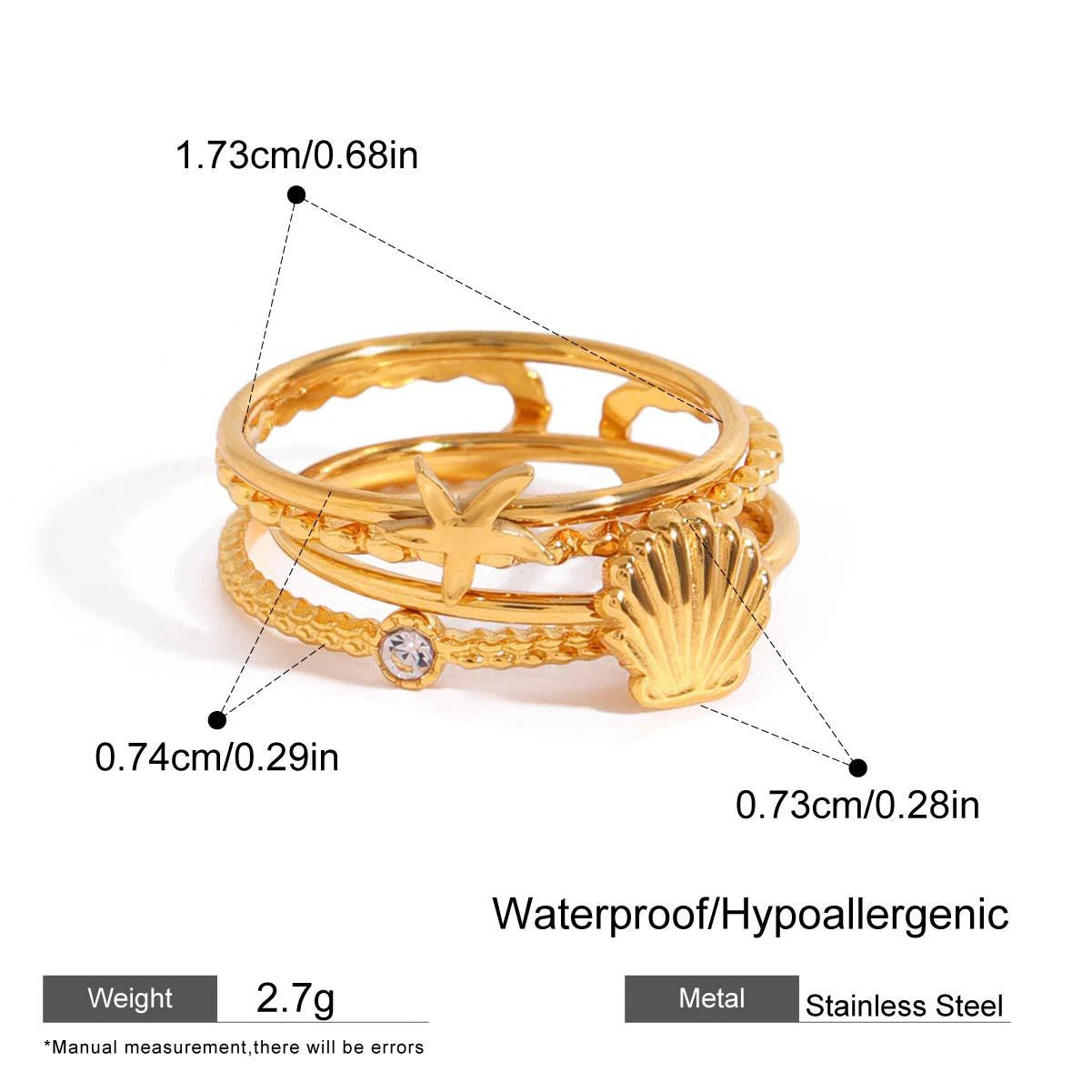 Hypoallergenic 18K Gold Plated Stainless Steel Starfish Stackable Knuckle Ring
