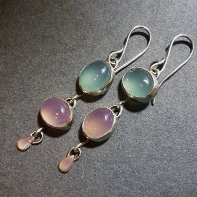 Natural Moonstone Drop Earrings Oval Pink Blue Stone Wedding Jewelry Gift Women