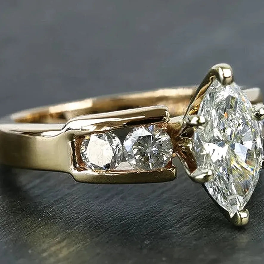 Gold Marquise Cubic Zirconia Wedding Eternity Brass Ring for Women