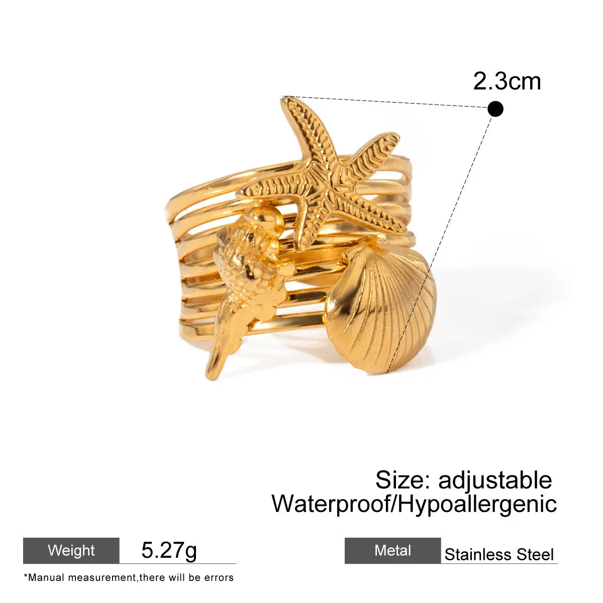 18K Gold Plated Geometric Wedding Band Stainless Steel Adjustable Ring Charm Jewelry
